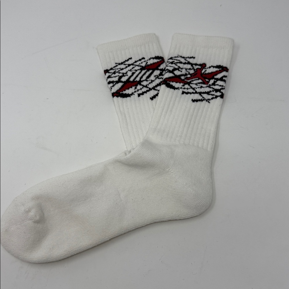 White Jumpman Jordan Socks with Red and Black Pattern NEW-No tags 7”sole